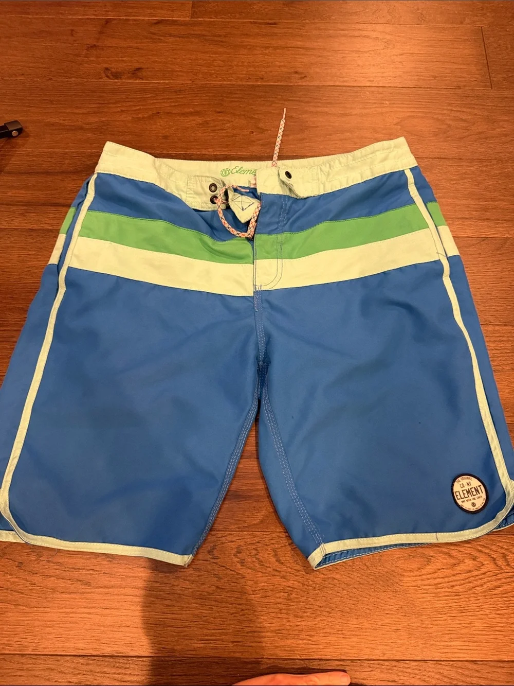 Element Blue Swim Shorts with Green & White Waist Stripes Size 38